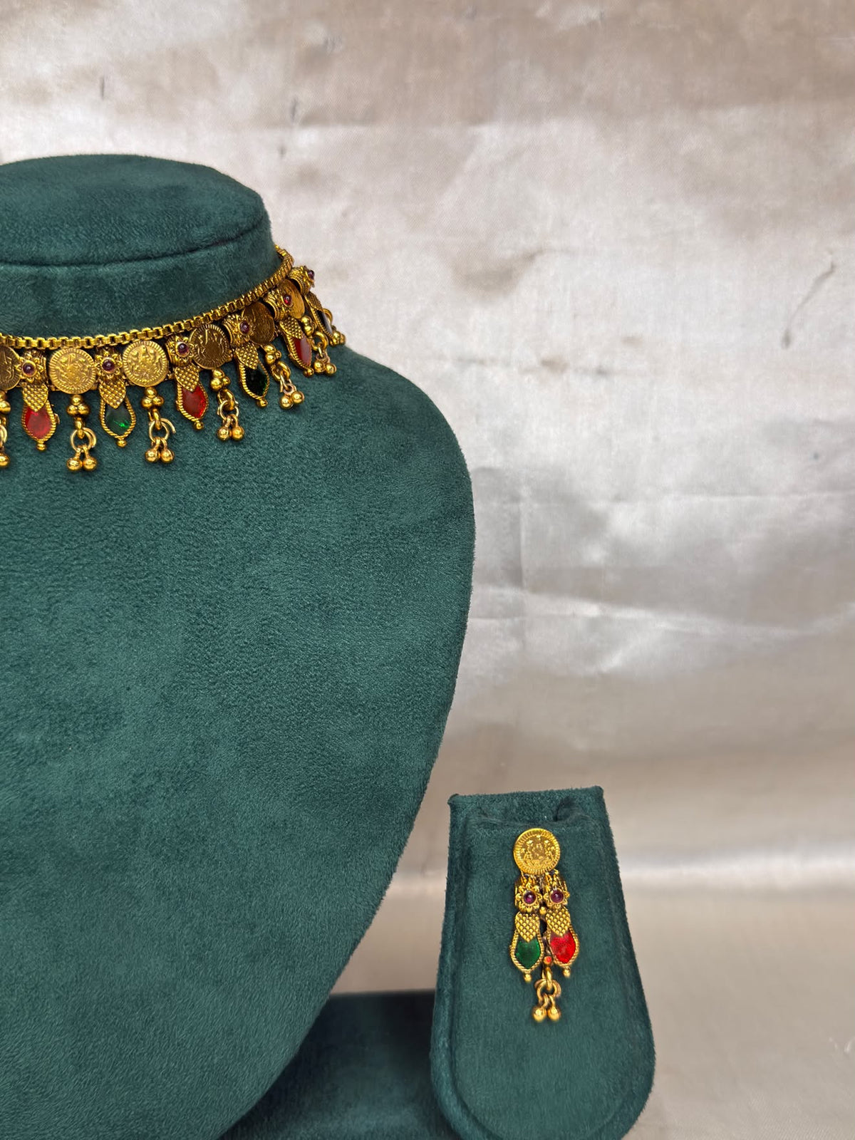 Traditional Gold Necklace Set with Ruby & Green Stones | NK1265