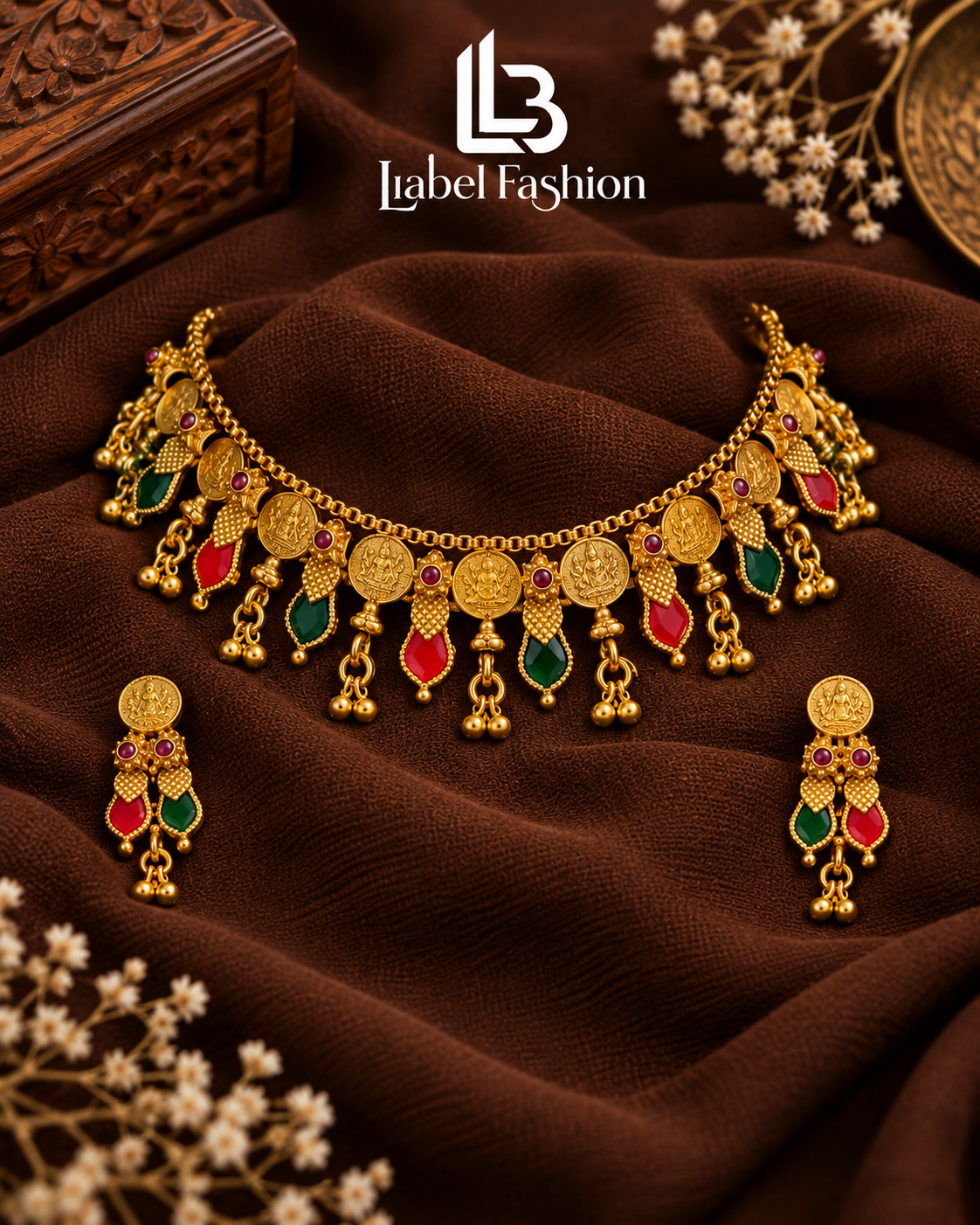 Traditional Gold Necklace Set with Ruby & Green Stones | NK1265