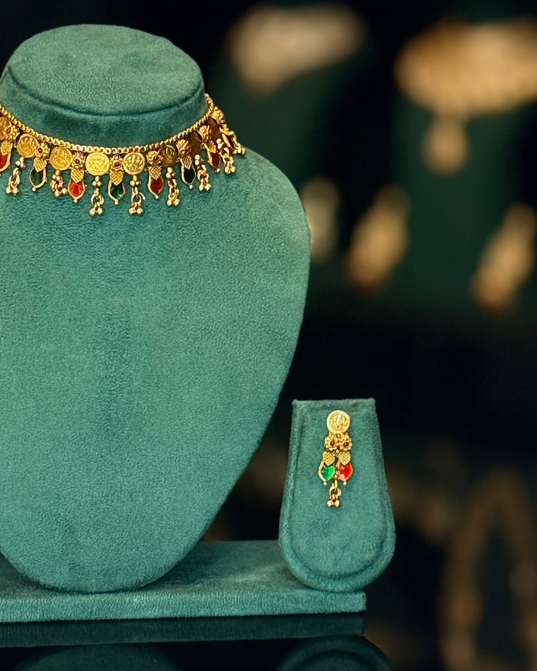 Traditional Gold Necklace Set with Ruby & Green Stones | NK1265