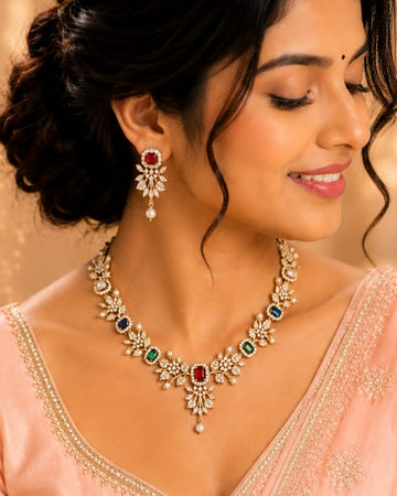 Gold CZ Diamond Floral Leaf Necklace Set with Multicolour Stones | LLB0260
