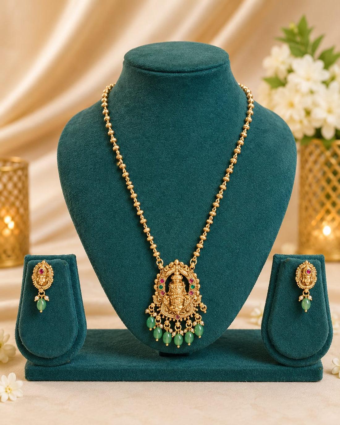 Gold Lakshmi Temple Pendant Necklace with Jade Green Drops | LLB247