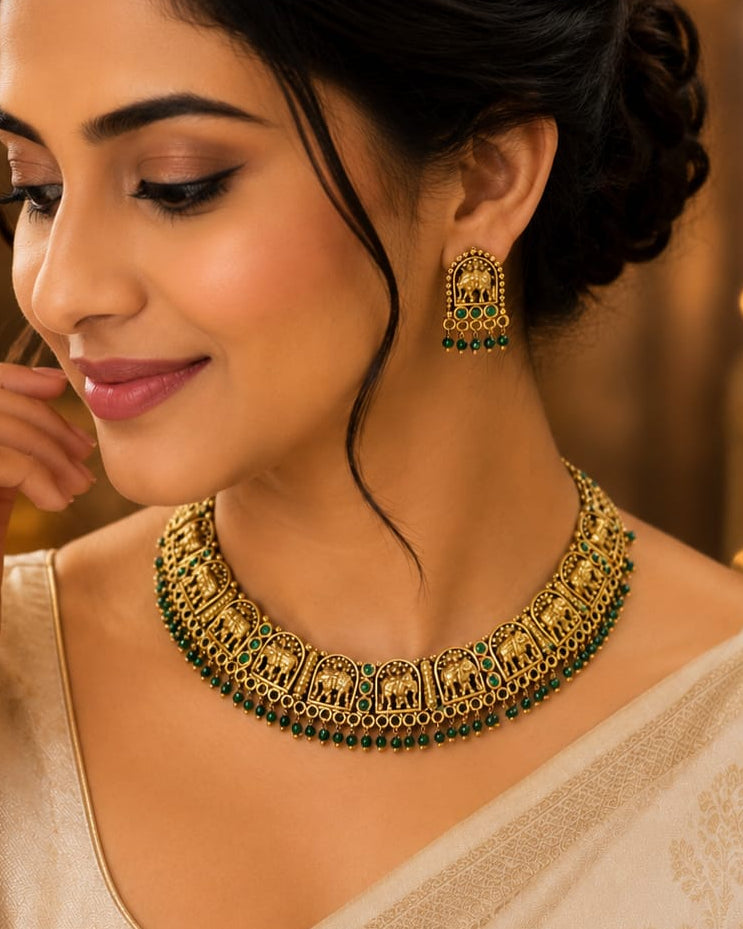 Antique Gold Nakshi Elephant Deity Choker Necklace with Emerald Kemp | LLB0252