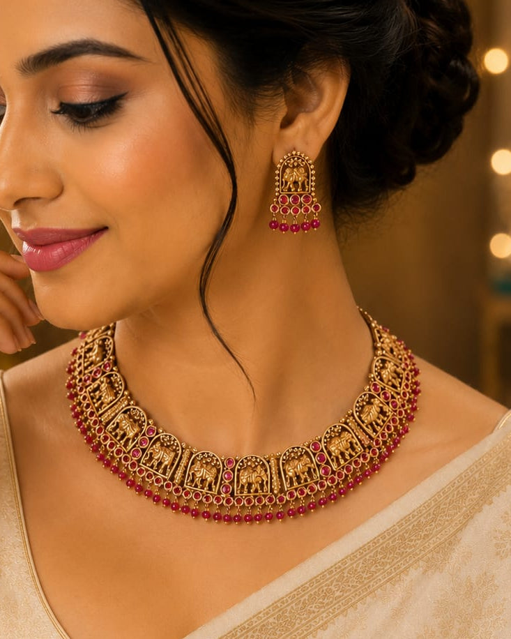 Antique Gold Nakshi Elephant Deity Choker Necklace with Emerald Kemp | LLB0252