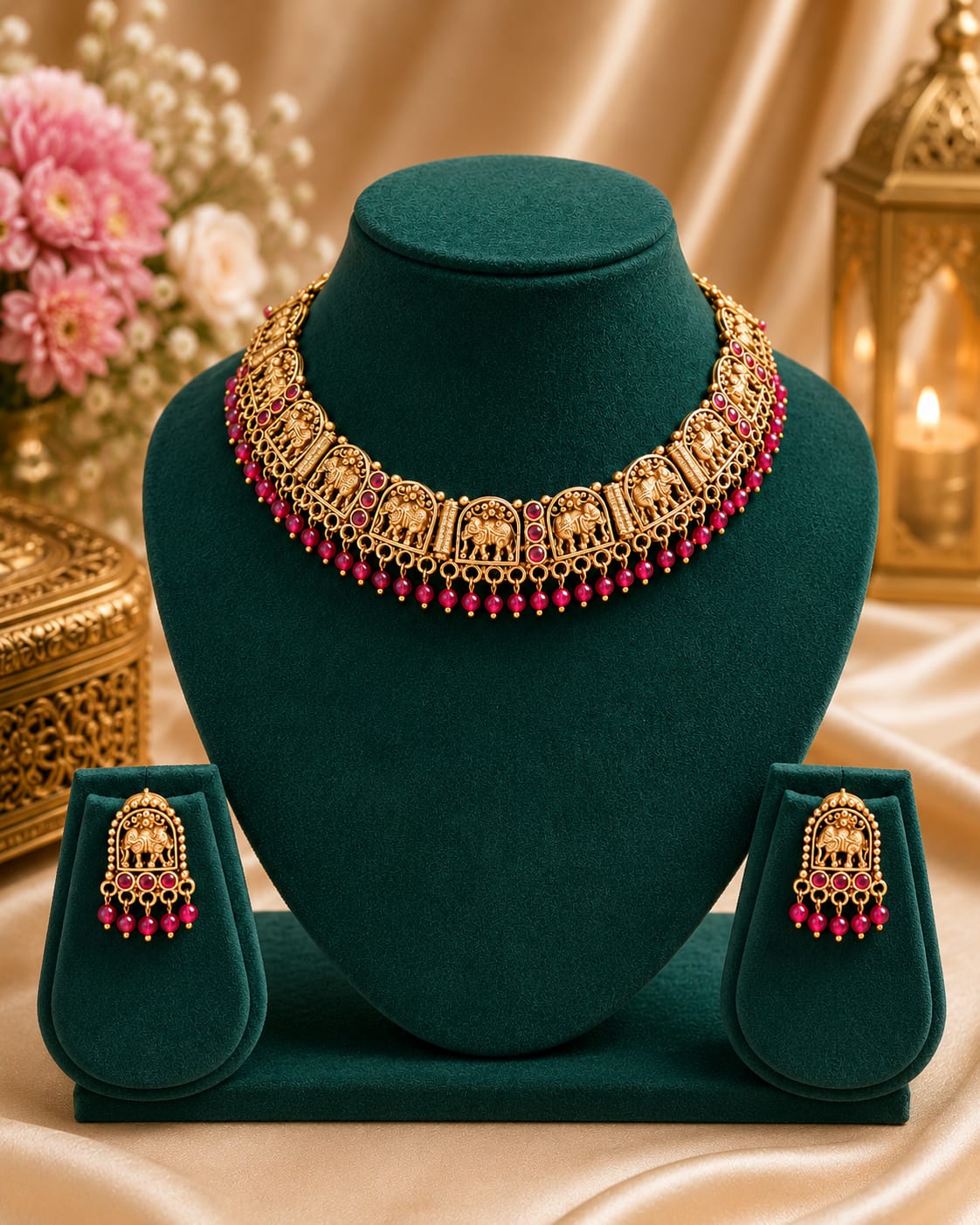 Antique Gold Nakshi Elephant Deity Choker Necklace with Emerald Kemp | LLB0252