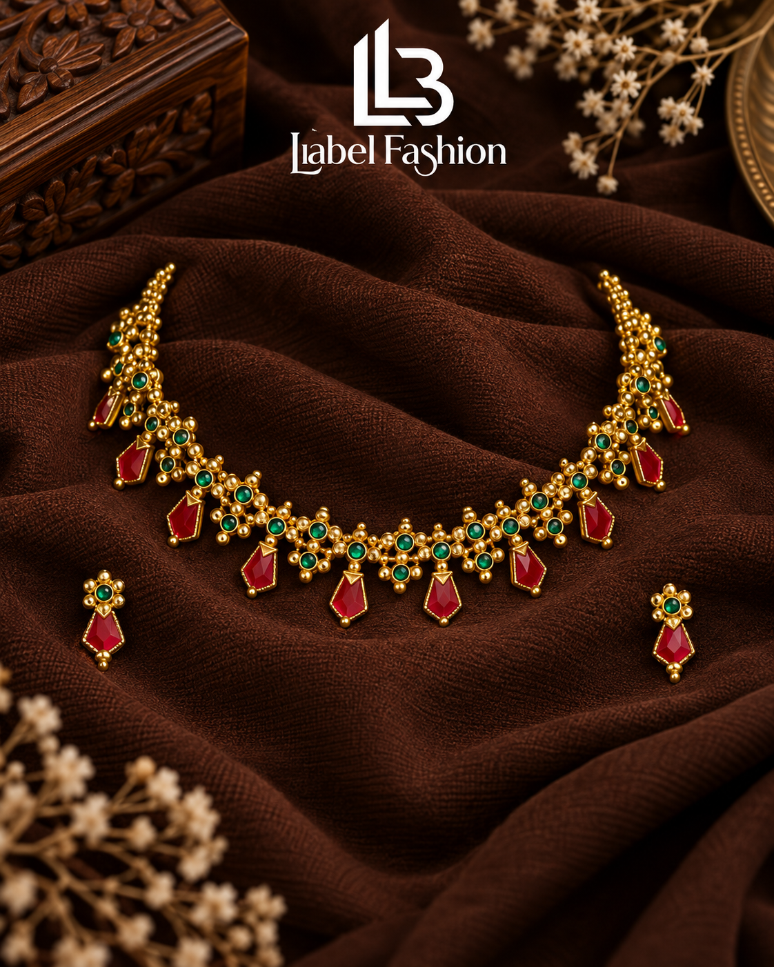 Traditional Gold Necklace Set with Ruby & Green Stones | NKT87