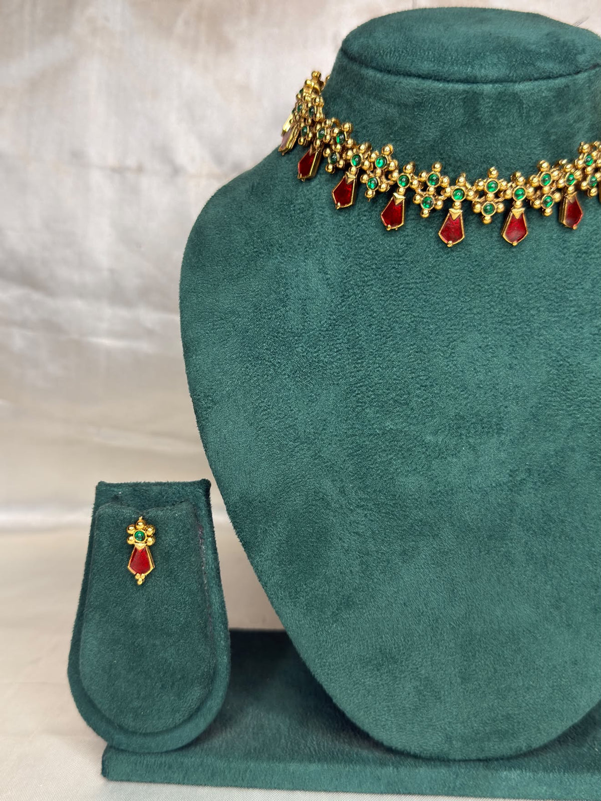 Traditional Gold Necklace Set with Ruby & Green Stones | NKT87