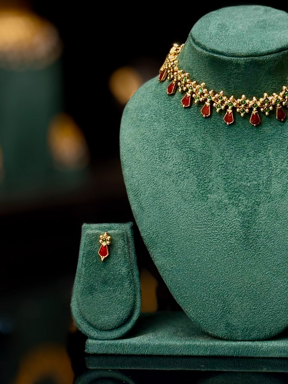 Traditional Gold Necklace Set with Ruby & Green Stones | NKT87