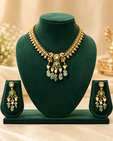 Traditional Gold Plated Temple Necklace Set with Green Stone Drops & Pearl Beads | NKV37
