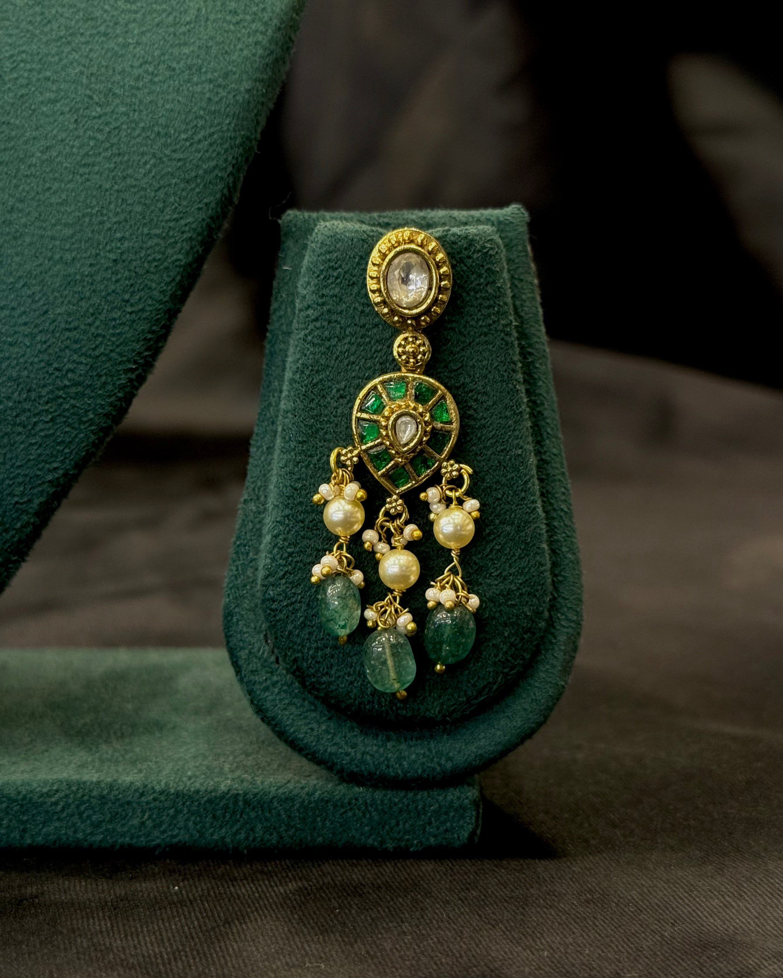 Traditional Gold Plated Temple Necklace Set with Green Stone Drops & Pearl Beads | NKV37