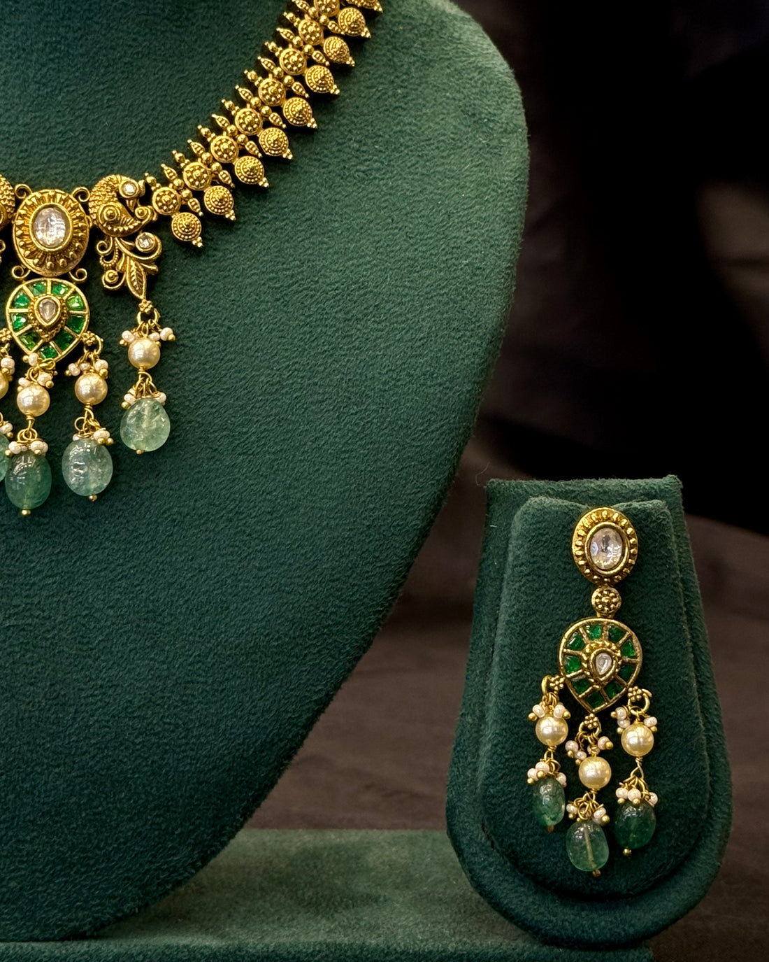 Traditional Gold Plated Temple Necklace Set with Green Stone Drops & Pearl Beads | NKV37