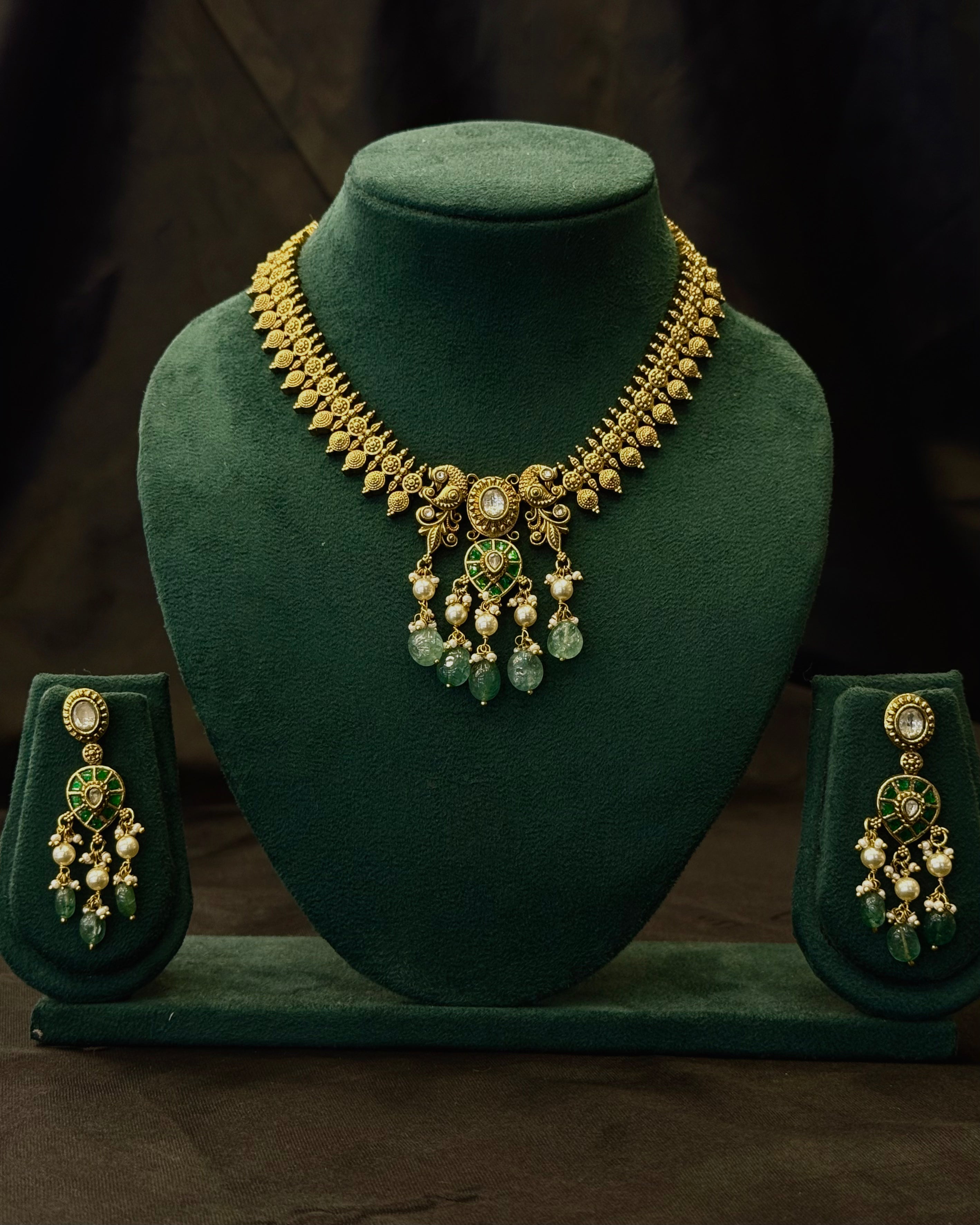 Traditional Gold Plated Temple Necklace Set with Green Stone Drops & Pearl Beads | NKV37