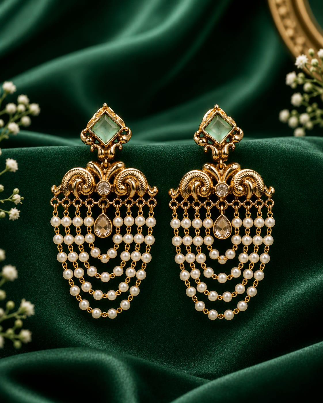 Gold Kundan Pearl Chandelier Earrings with Multi-Strand Drops | OL205