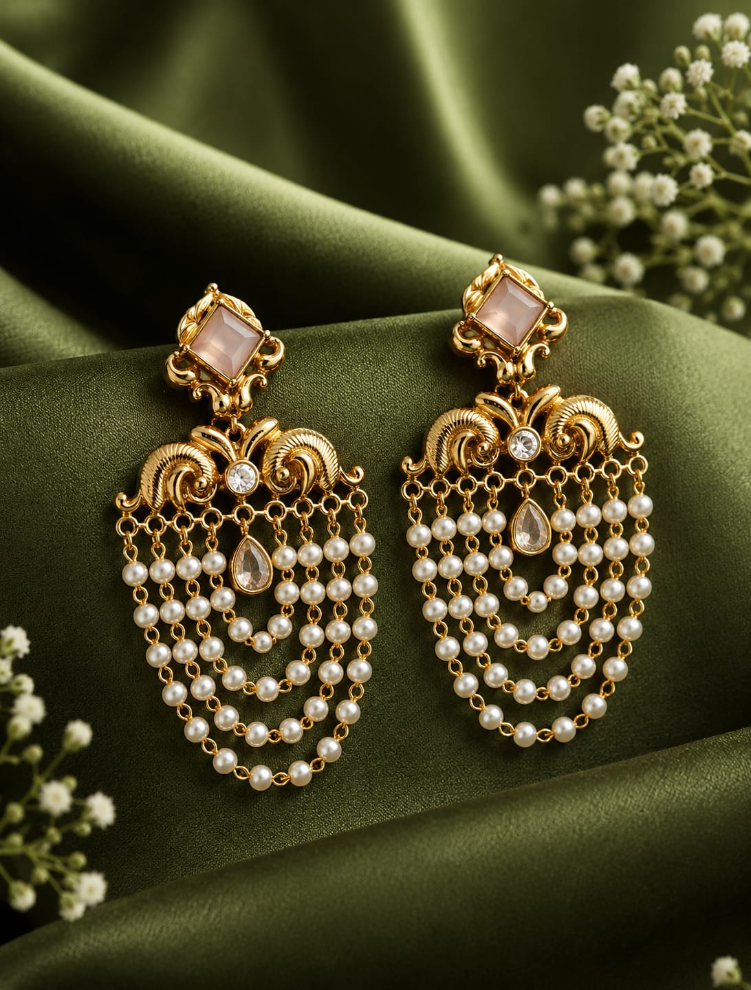 Gold Kundan Pearl Chandelier Earrings with Multi-Strand Drops | OL205