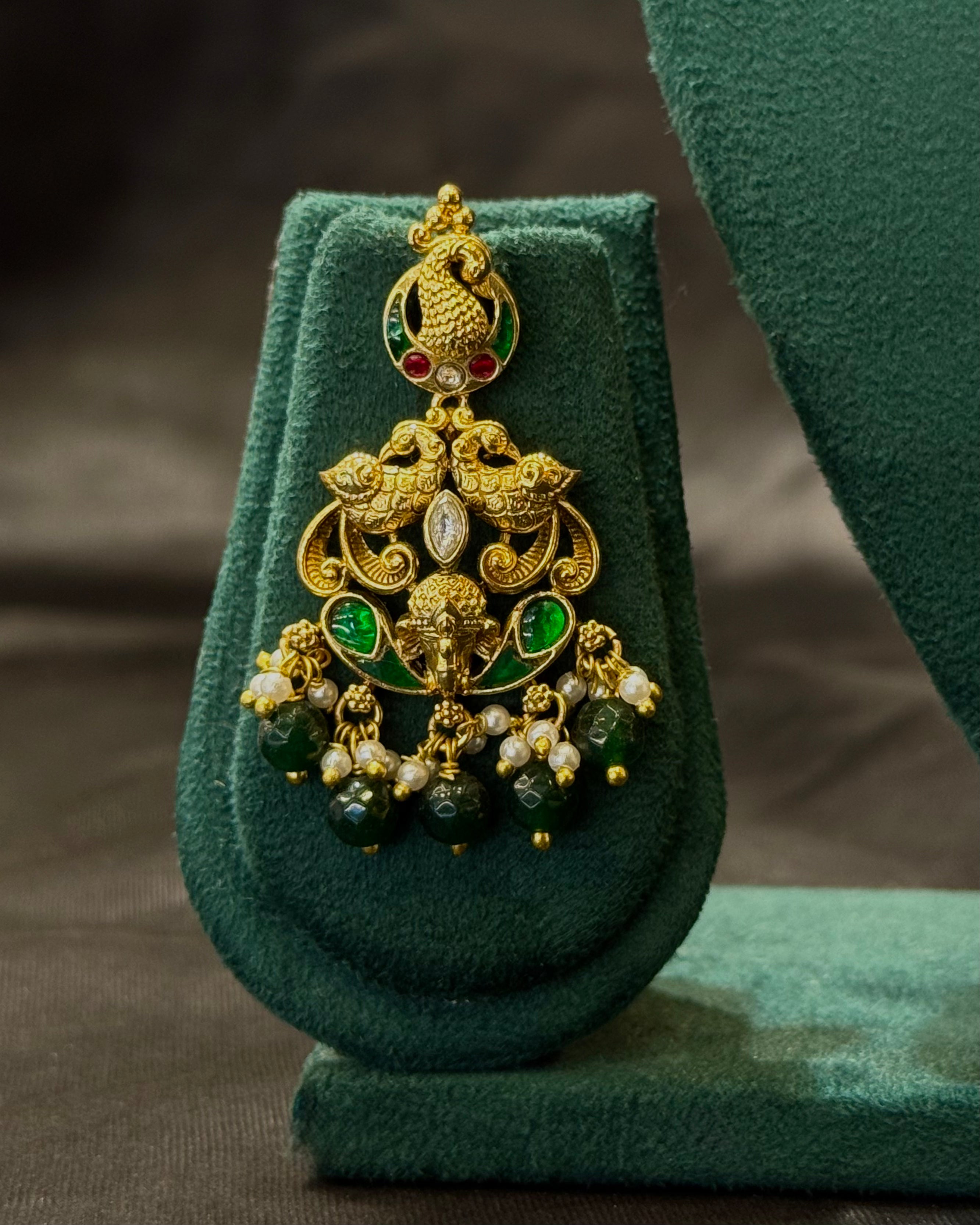 Antique Gold Plated Peacock Temple Necklace Set with Green & Ruby Stones, Pearl Drops and Matching Earrings | NVK2426