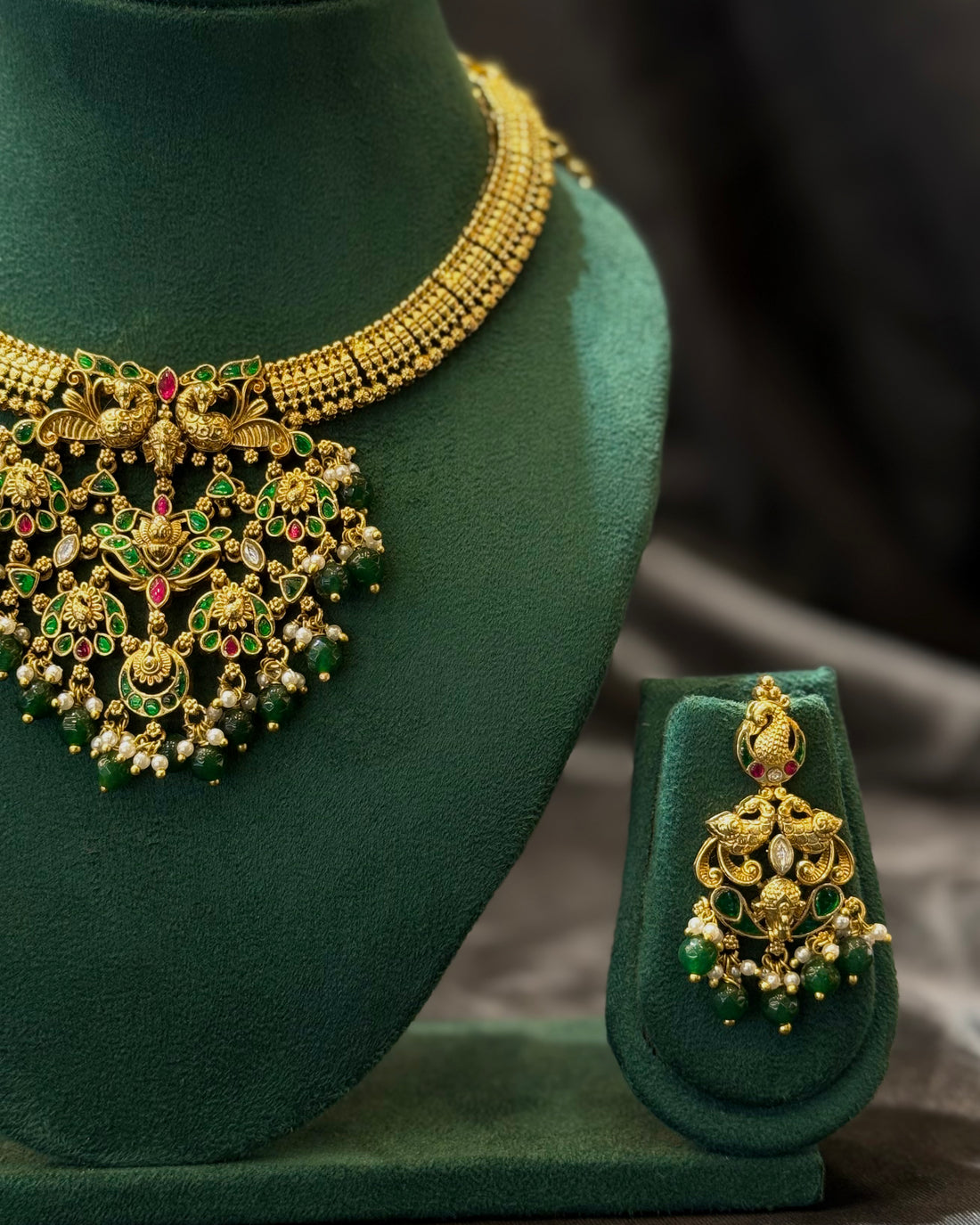 Antique Gold Plated Peacock Temple Necklace Set with Green & Ruby Stones, Pearl Drops and Matching Earrings | NVK2426