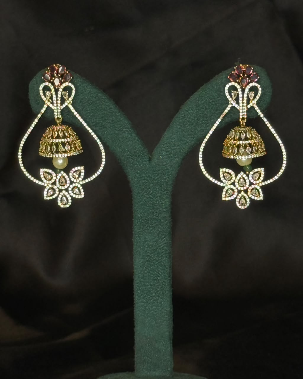 Stone Jhumka Earrings with Crystal Floral Design | NVK2429
