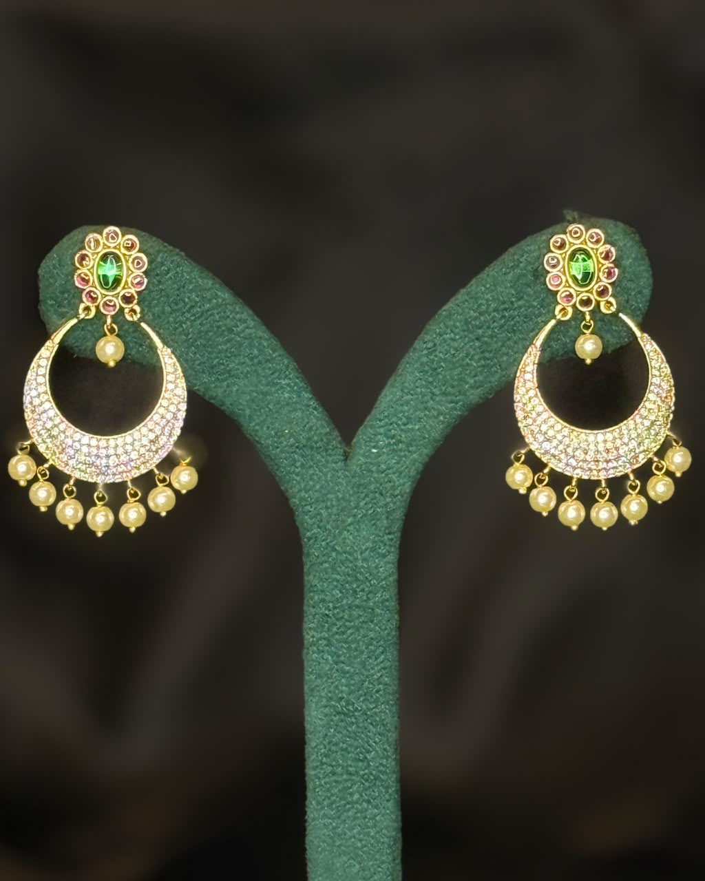 Green Stone Chandbali Earrings with Pearl Drops | NVK2629/NVK2631