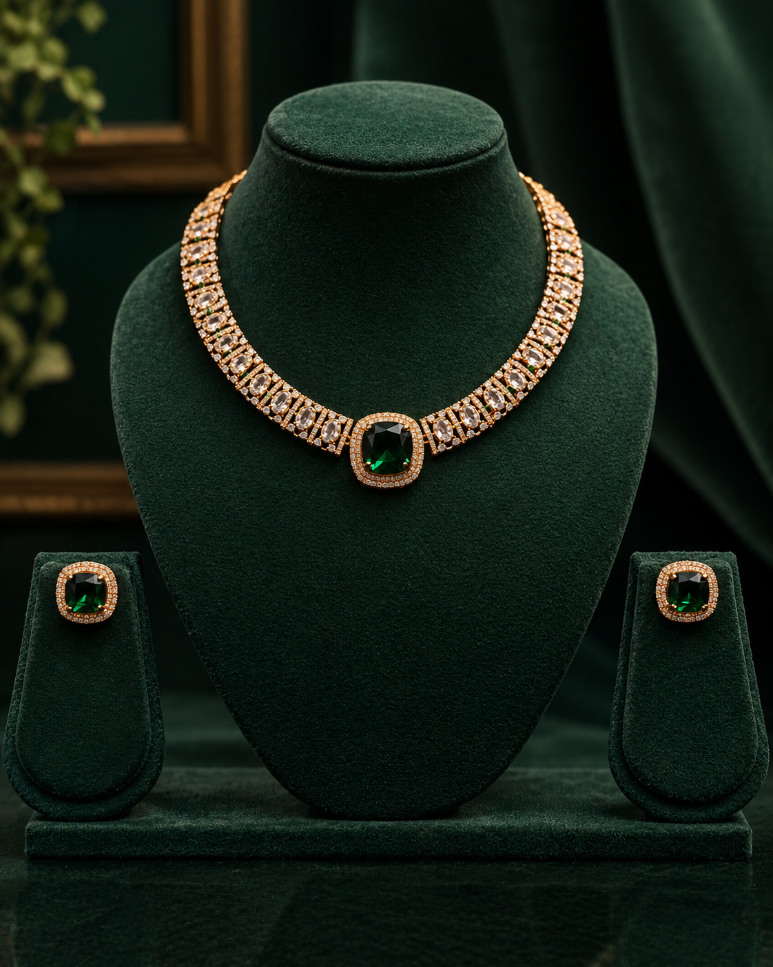 Pink & Green Stone Necklace Set With Matching Earrings | NVK2675