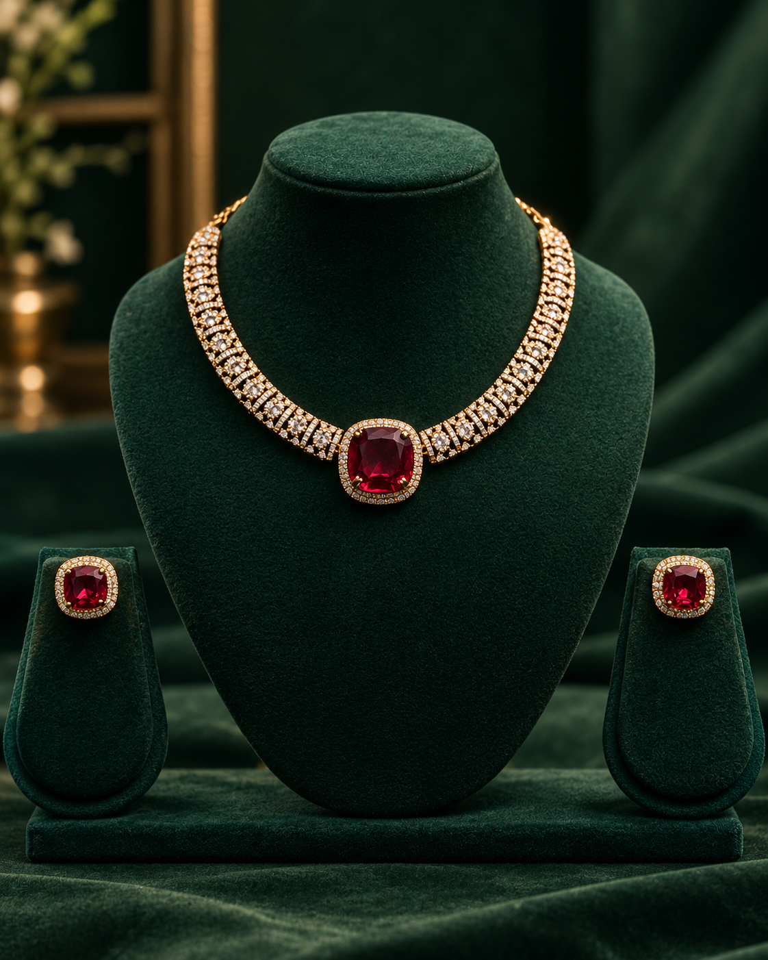 Pink & Green Stone Necklace Set With Matching Earrings | NVK2675