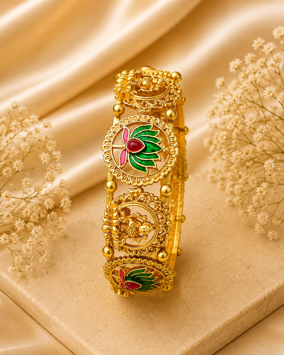 Buy 1 Get 1 Free , Meenakari Lotus Lakshmi Bangle – Antique Gold Temple Kada