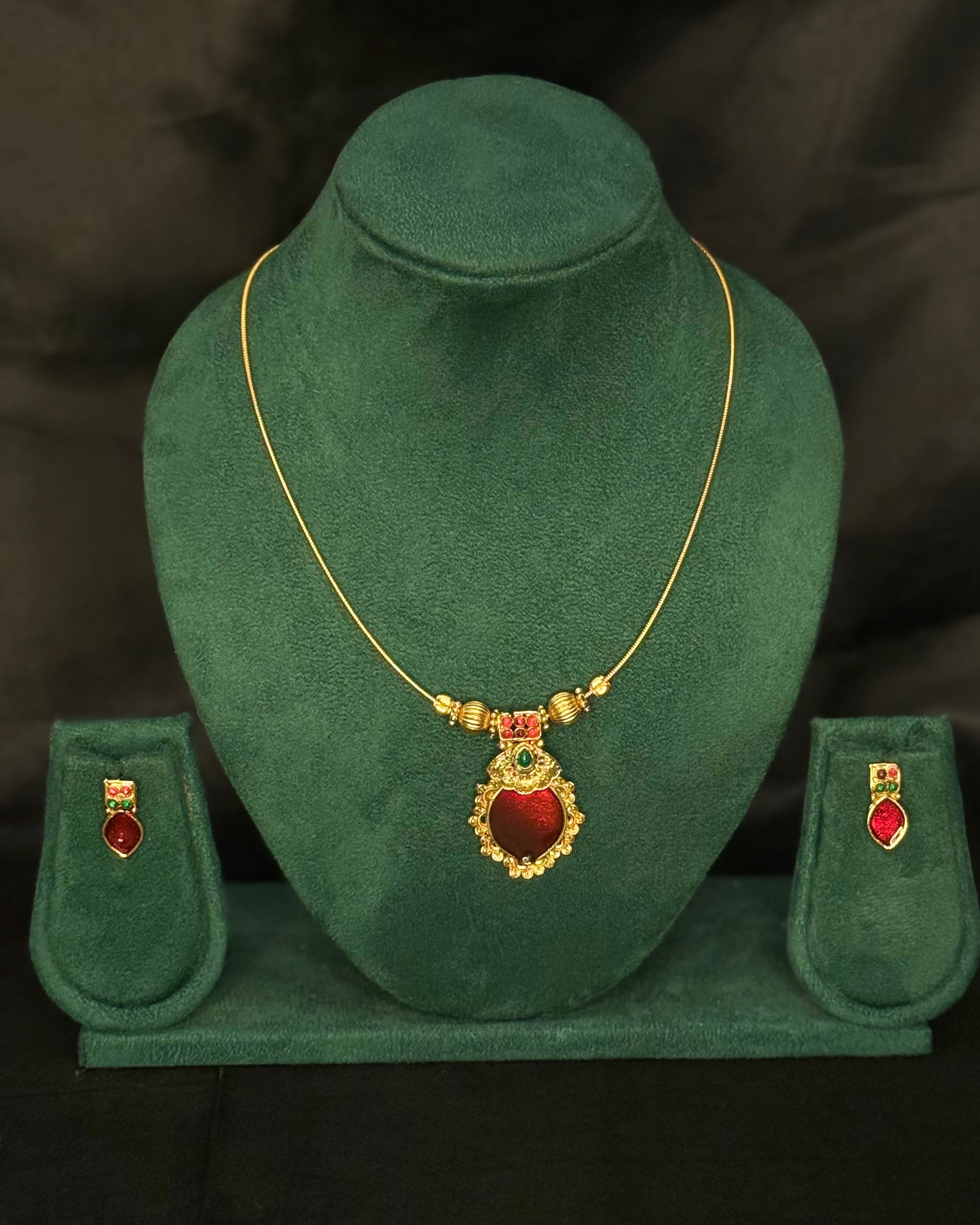 Traditional Gold-Plated Pendant Necklace Set with Matching Earrings – Green, Red, Blue & Multicolour | L15019