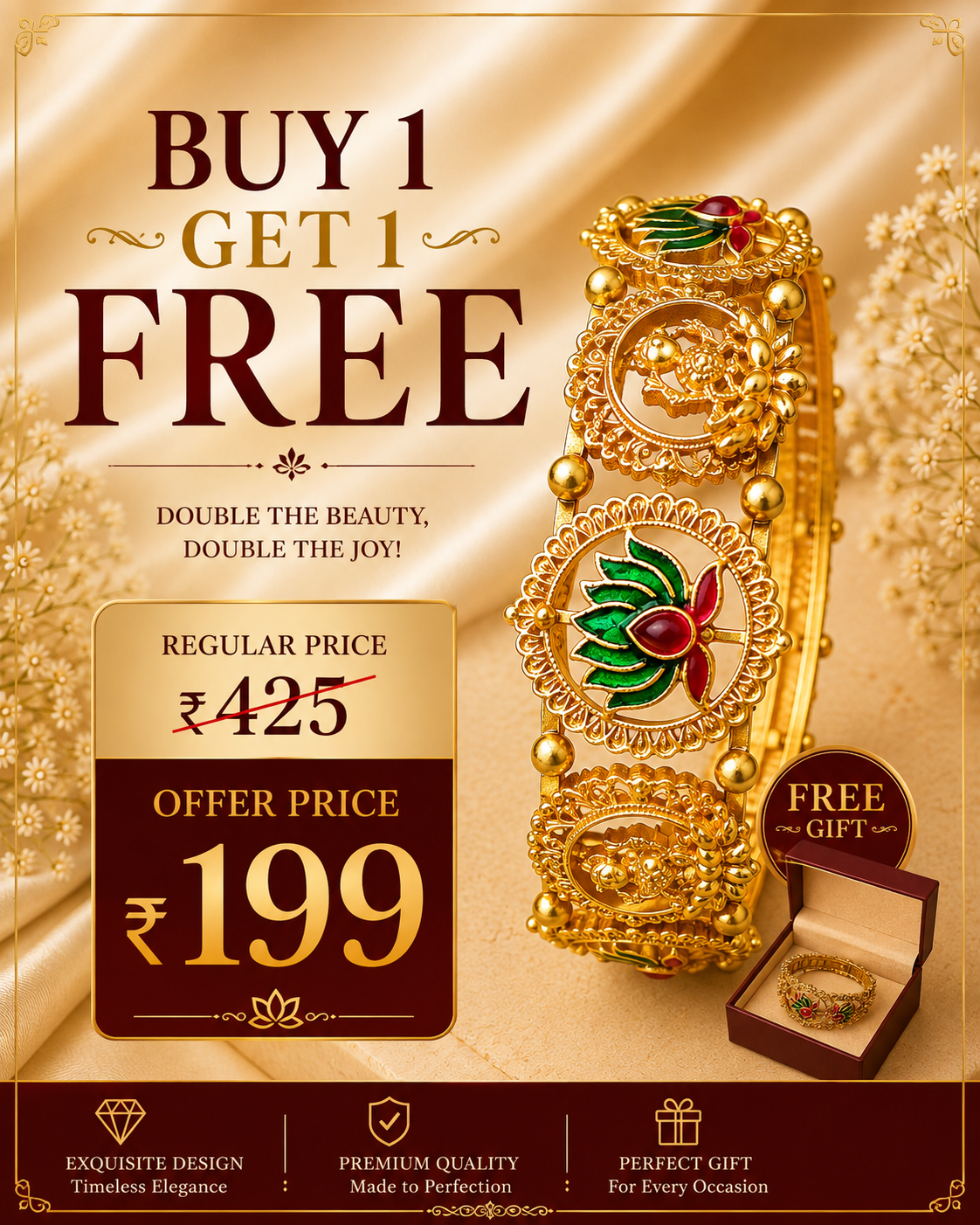 Buy 1 Get 1 Free , Meenakari Lotus Lakshmi Bangle – Antique Gold Temple Kada