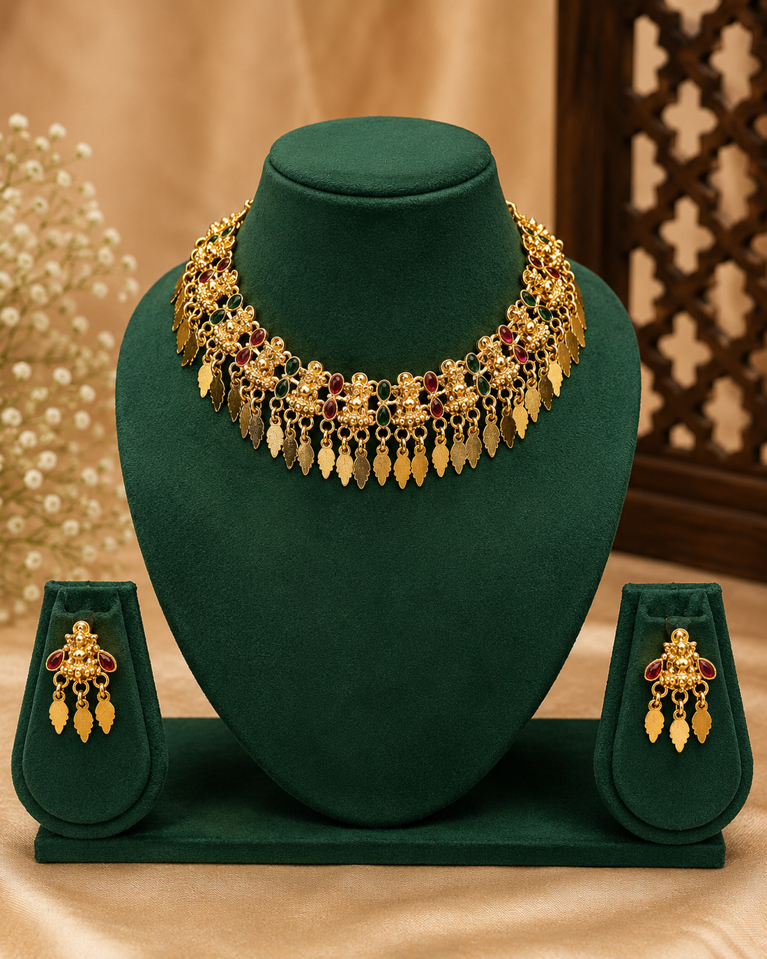 A woman wearing a deep maroon sari with gold zari embroidery, paired with a matching gold necklace and earrings, set against a warm, traditional background.