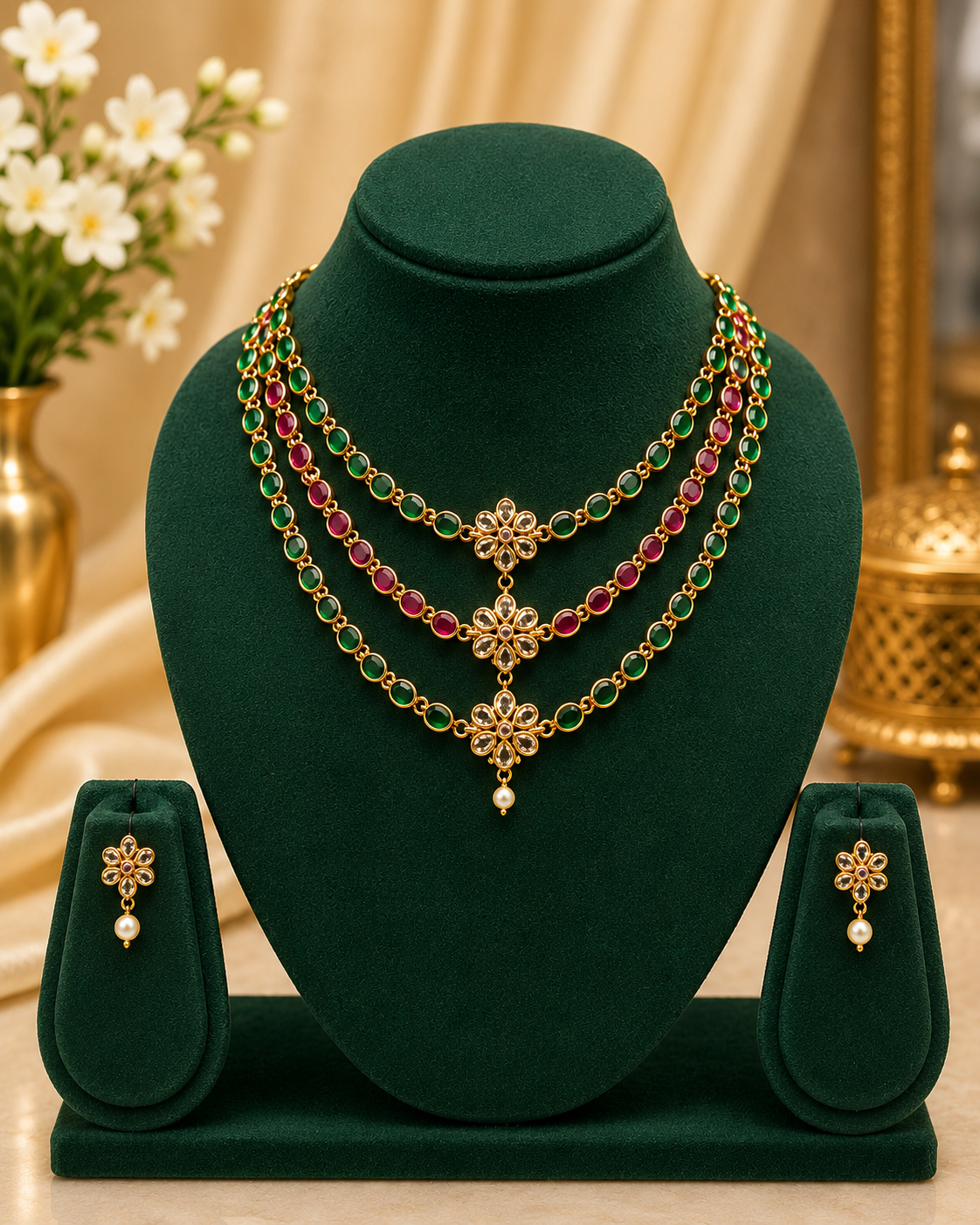 3-Layer Emerald Ruby Kemp Necklace Set Polki Gold Bridal Jewellery | OG15