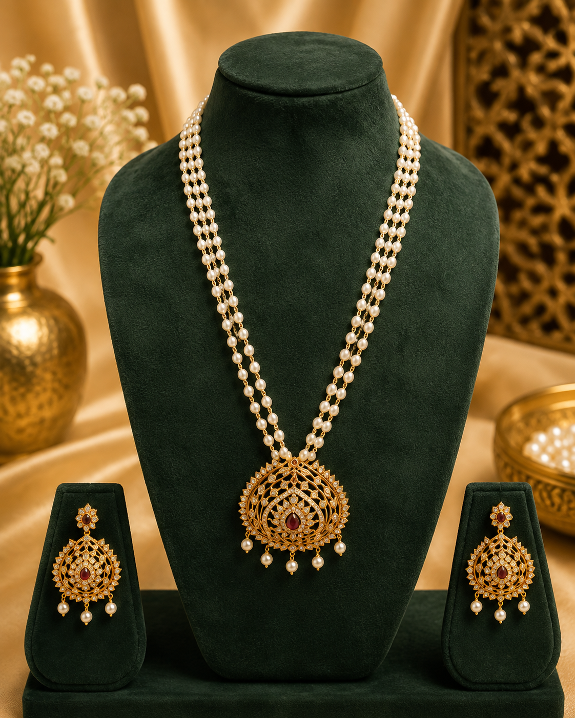 Pearl Long Necklace Set with CZ Filigree Pendant & Earrings | OG20