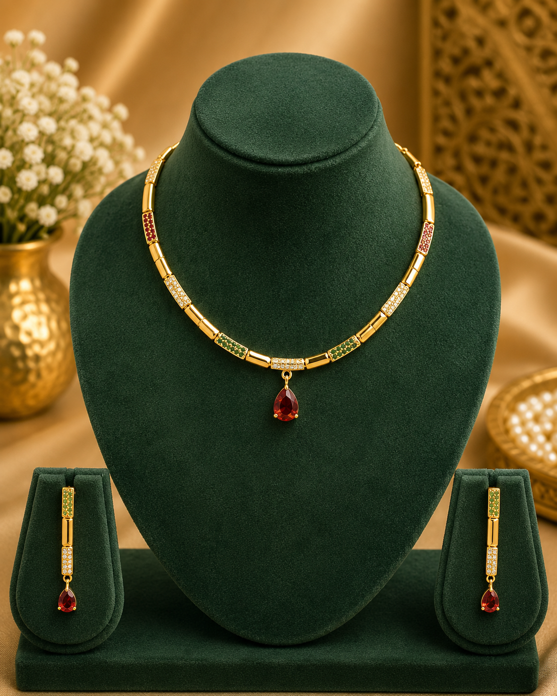 Gold CZ Bar Link Necklace Set with Ruby Teardrop Pendant | OG21