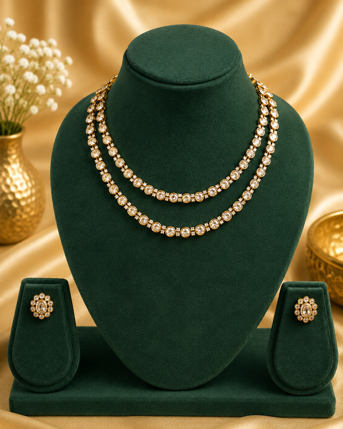 A woman wearing a gold double-strand necklace with clear stones and a matching stud earring, dressed in a beige traditional outfit against a softly blurred warm indoor background.
