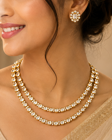 A woman wearing a gold double-strand necklace with clear stones and a matching stud earring, dressed in a beige traditional outfit against a softly blurred warm indoor background.