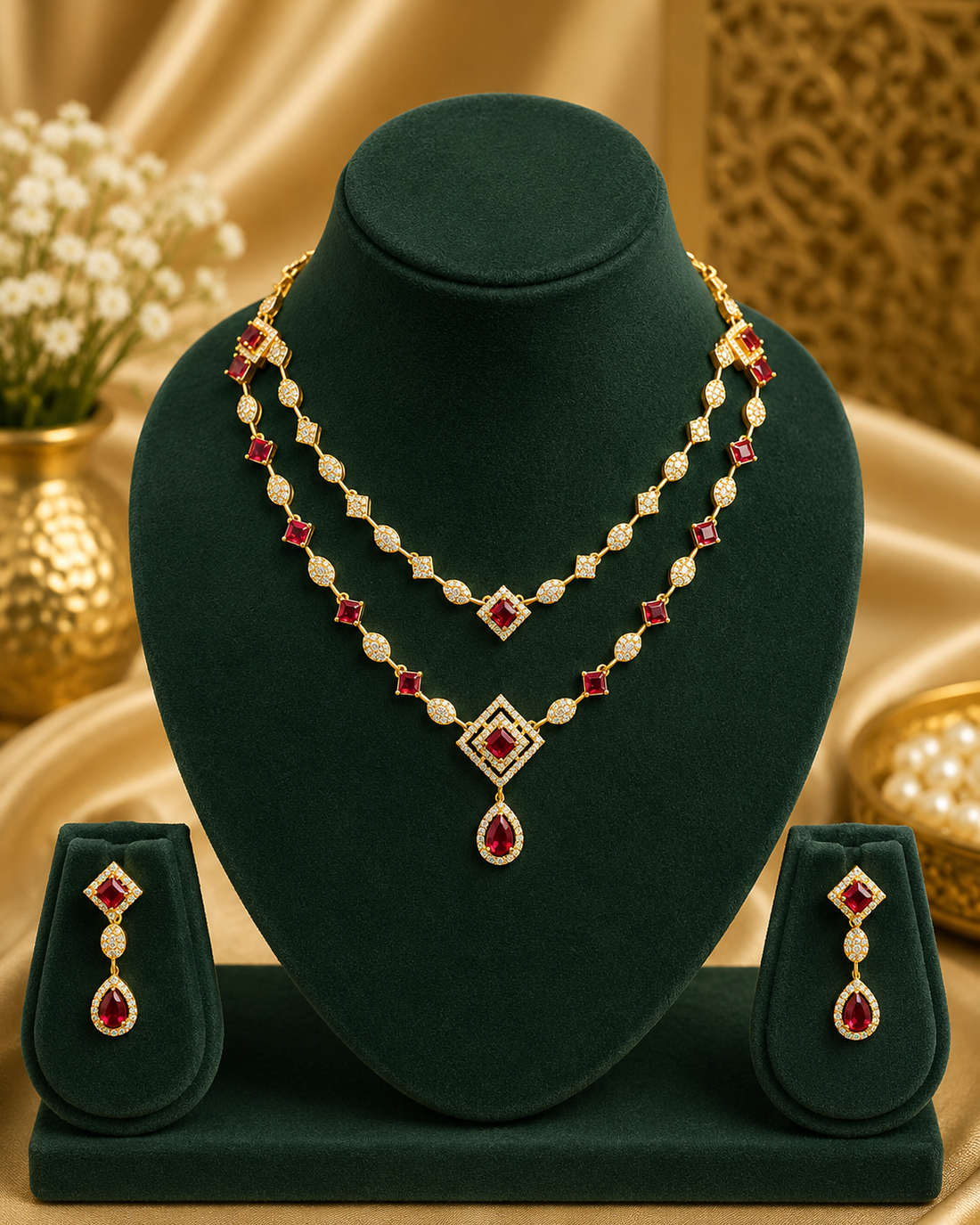 A woman wearing a gold-toned traditional necklace and matching drop earrings with red gemstones, styled with a beige saree in a warm, elegant indoor setting.