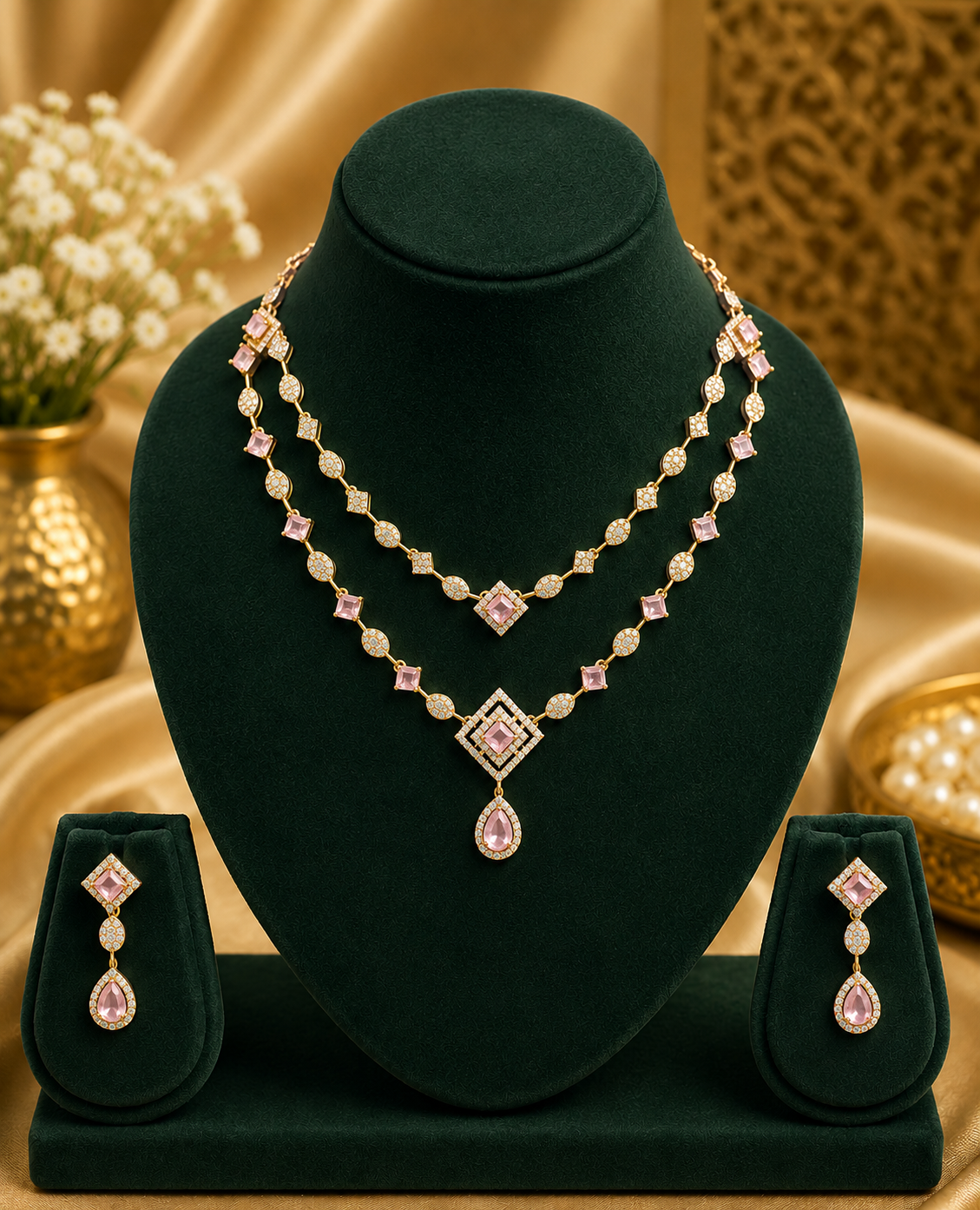 Ruby CZ Double Layer Geometric Necklace Set with Earrings | OG23