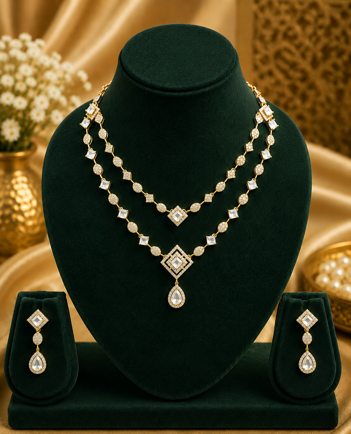 Ruby CZ Double Layer Geometric Necklace Set with Earrings | OG23