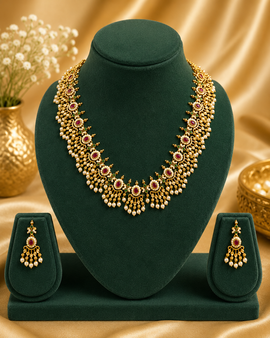 Gold Ruby Pearl Guttapusalu Necklace Set with Earrings | OG25