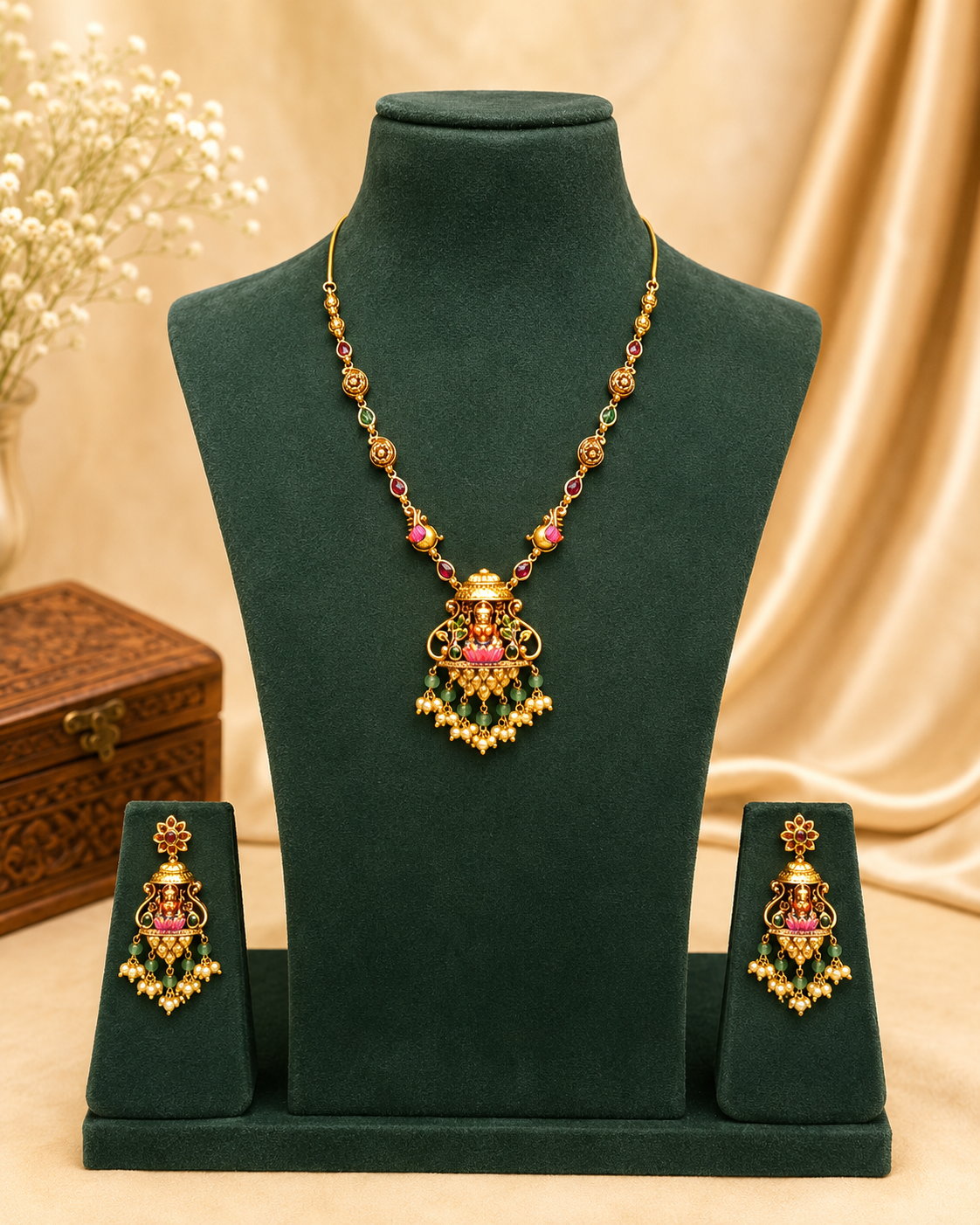 Gold Lakshmi Temple Necklace Set with Emerald & Pearl Drops | OG27