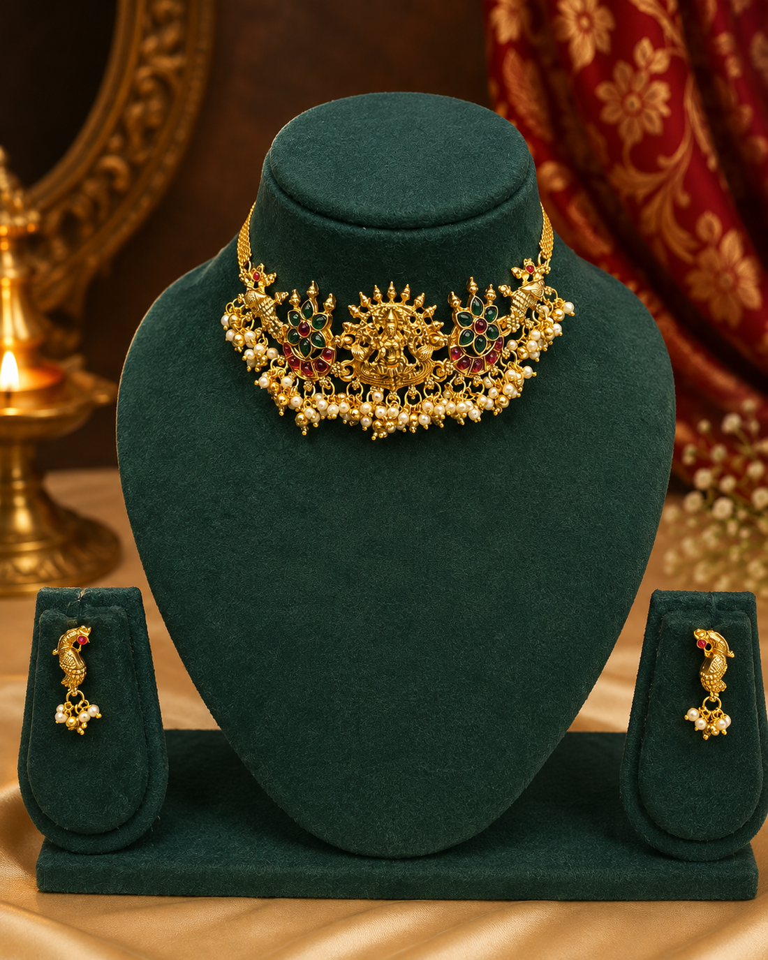A woman wearing an ornate gold-toned traditional necklace with green and red stone accents and matching earrings, styled with a beige saree in an elegant indoor setting.