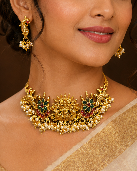 A woman wearing an ornate gold-toned traditional necklace with green and red stone accents and matching earrings, styled with a beige saree in an elegant indoor setting.