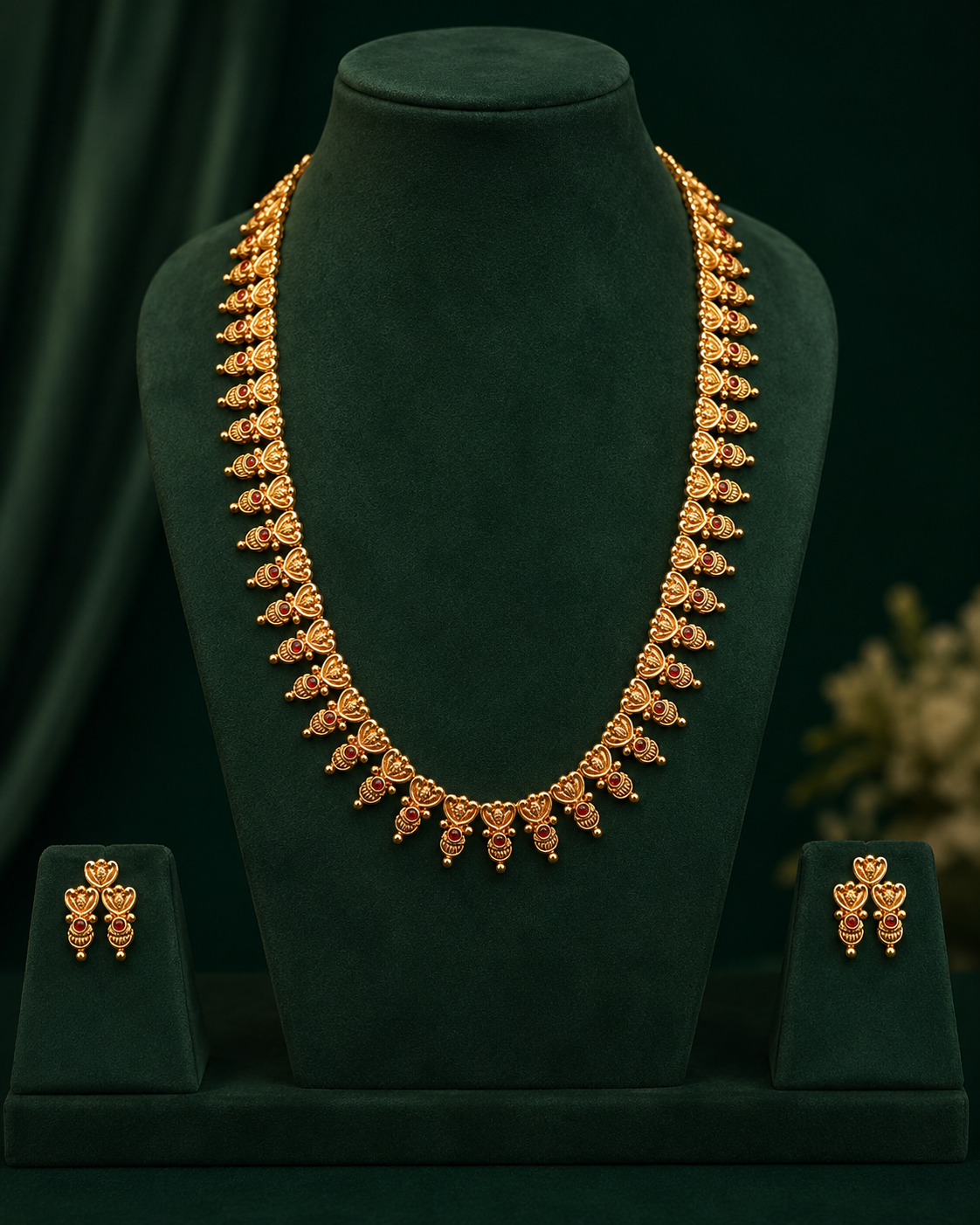 Gold Ruby Kemp Mango Motif Long Haram Necklace Set | OG31