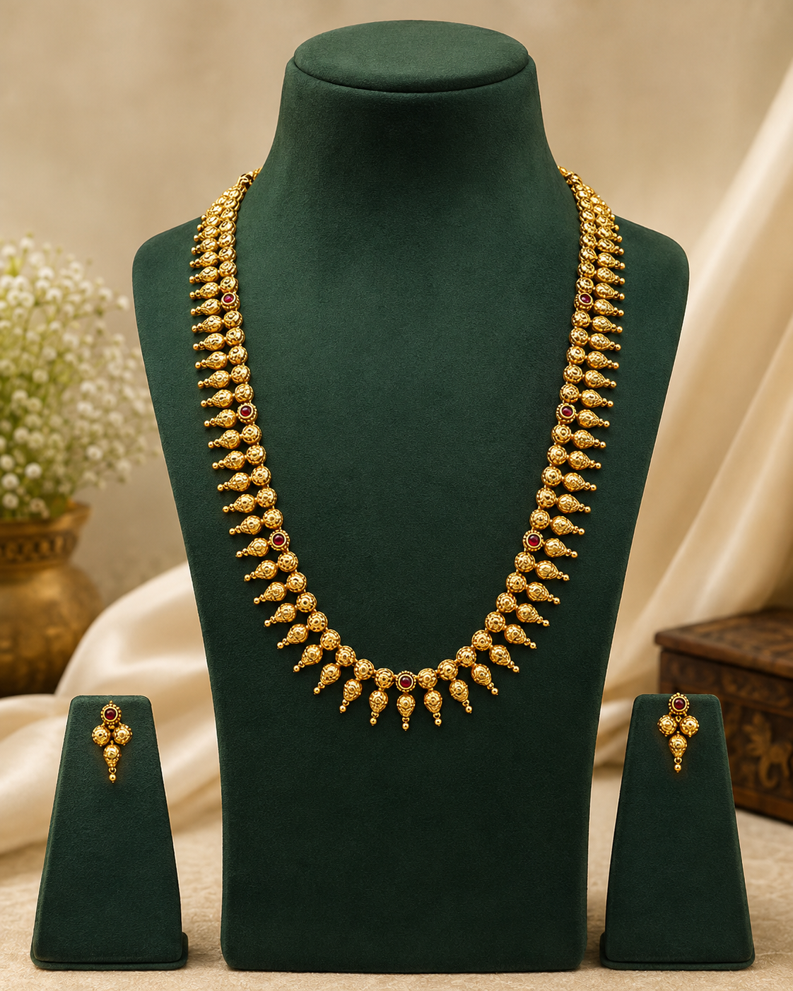 Gold Ruby Kemp Filigree Ball Long Haram Necklace Set | OG32