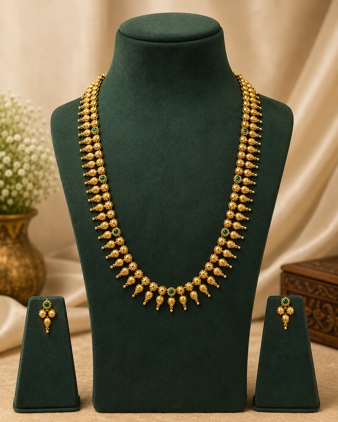 A woman wearing a traditional Indian outfit in beige and gold, featuring a gold necklace with green stone accents and matching gold earrings with white flowers in her hair, set against a warm beige background.