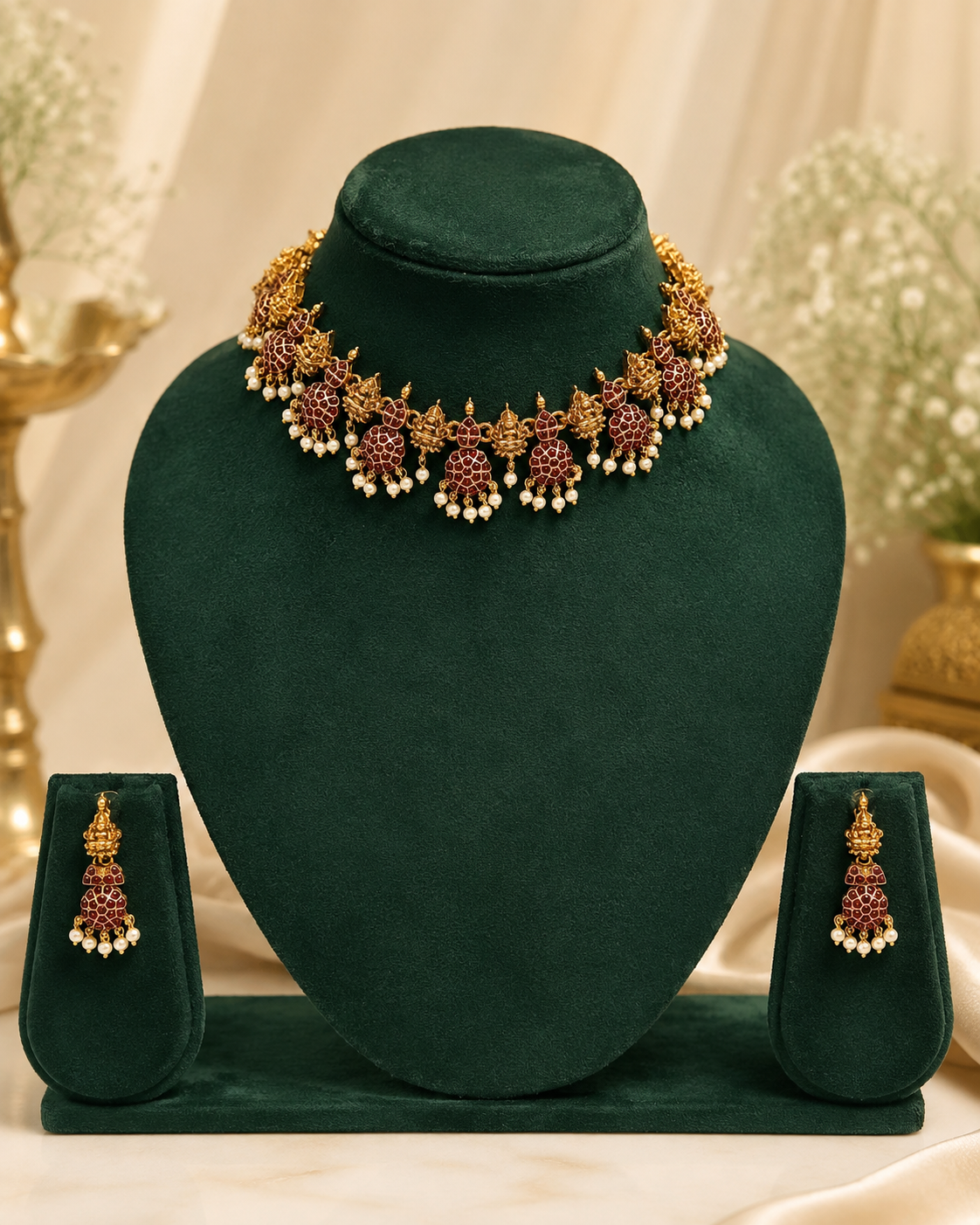 A traditional Indian jewelry set featuring a choker necklace and matching earrings, displayed on a dark green velvet mannequin stand. The jewelry features gold-plated metal work, maroon-red stone embellishments, and small white pearl bead drops.
