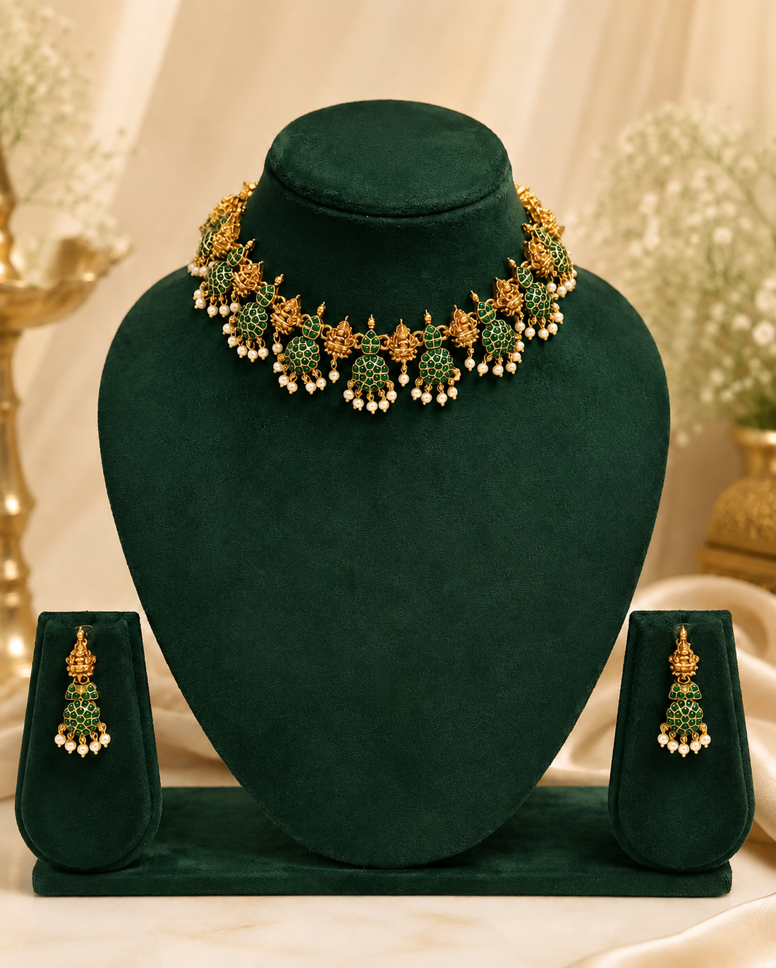 A woman wearing an ornate gold-toned traditional necklace with maroon floral motifs and white pearl-like beads, paired with matching dangling earrings, against a soft cream background.