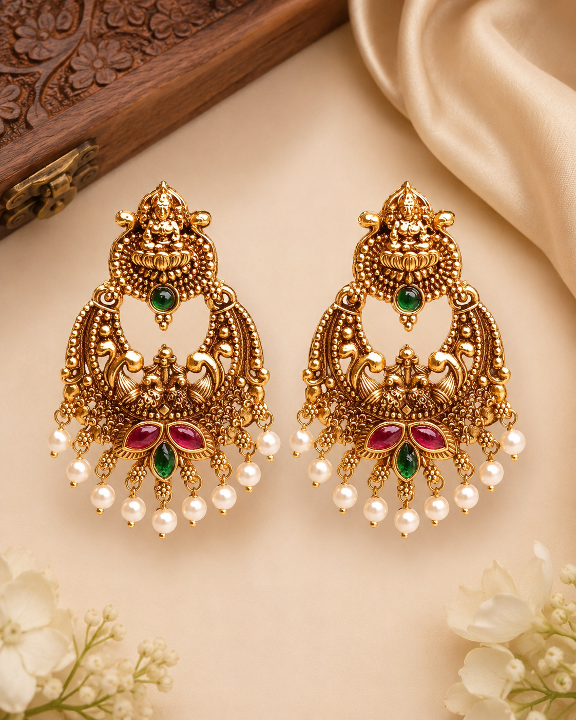 Antique Gold Lakshmi Chandbali Earrings with Pearl Drops | OG53