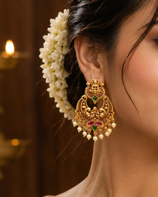 A woman wearing ornate gold traditional earrings with red and green stone accents and white pearl-like beads, styled with a white floral hair accessory and a beige sari.