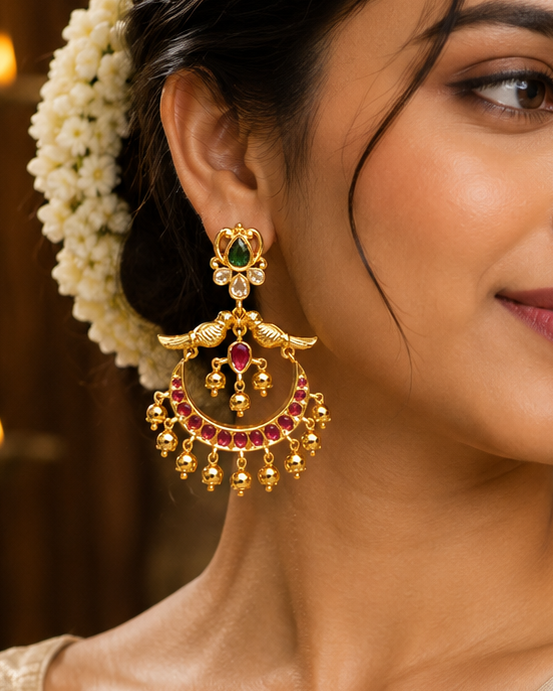 A woman wearing ornate gold-toned traditional earrings with red and green stone accents, paired with a light beige sari and white floral hair accessory, in a warmly lit indoor setting.