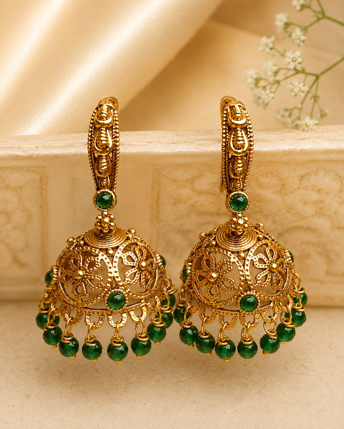 Antique Gold Filigree Dome Jhumka with Ruby & Emerald Drops | OG58