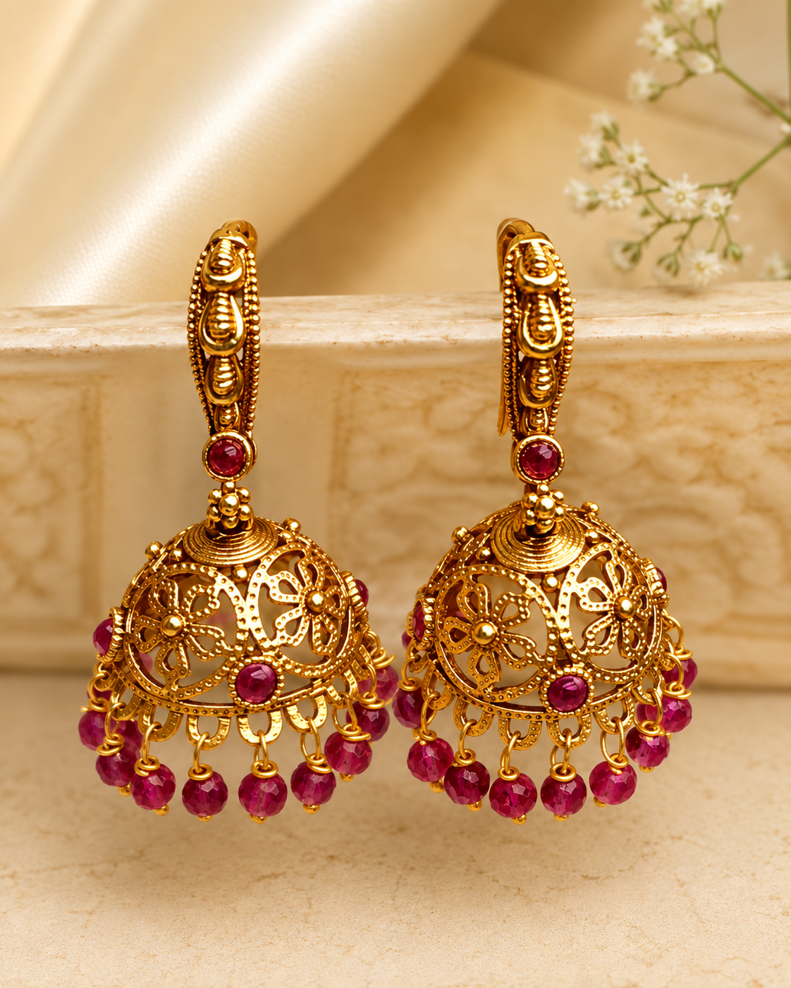 Antique Gold Filigree Dome Jhumka with Ruby & Emerald Drops | OG58