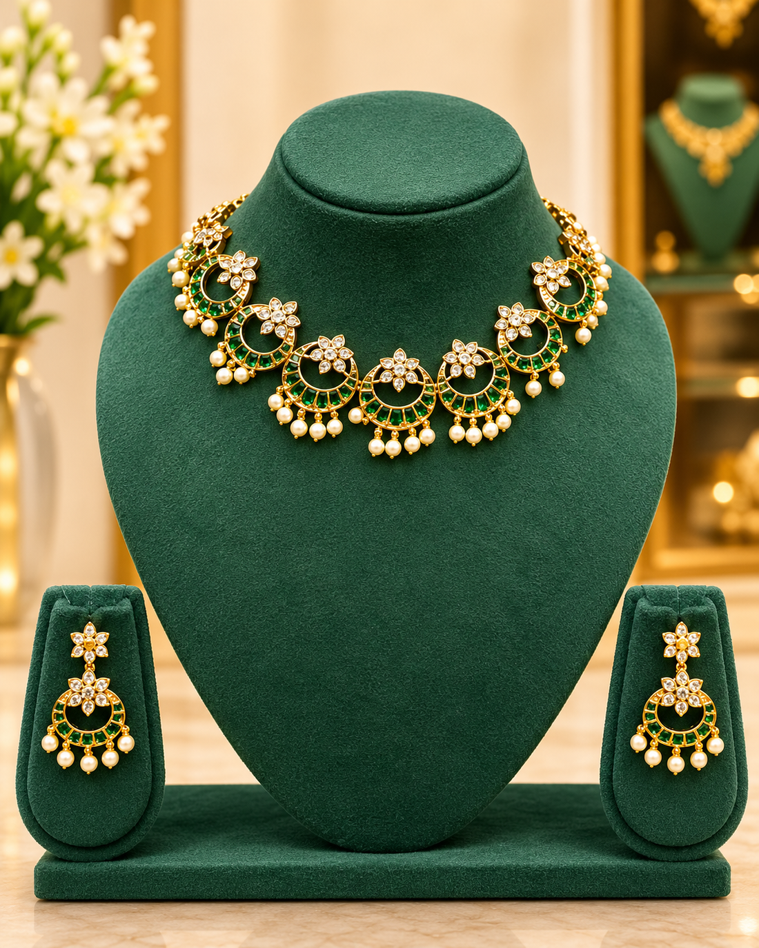 A woman wearing a traditional Indian gold and green jewelry set, including a necklace and matching earrings, styled with a cream saree.